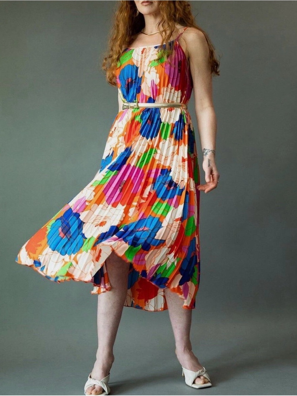 Sam Edelman NWOT Floral Pleated Spaghetti-Strap Midi Dress in Multicolor - Picture 3 of 5